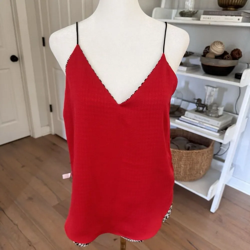NEW $44 Express S Red Houndstooth Plaid Crepe Reversible Cami Tank‎ Xmas Dressy - Picture 3 of 8
